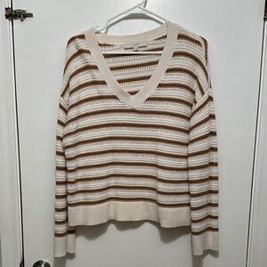 LOFT Women's V-Neck Striped Sweater - Cream and Mustard